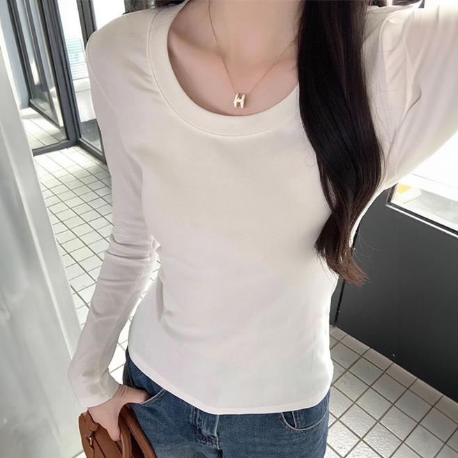 구디프 여성용 U넥 긴팔 기본 베이직 데일리 티셔츠