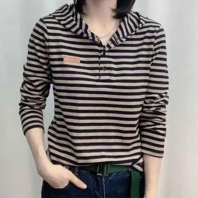 구디프 여성용 봄가을 데일리 캐주얼 스트라이프 후드 긴팔 티셔츠