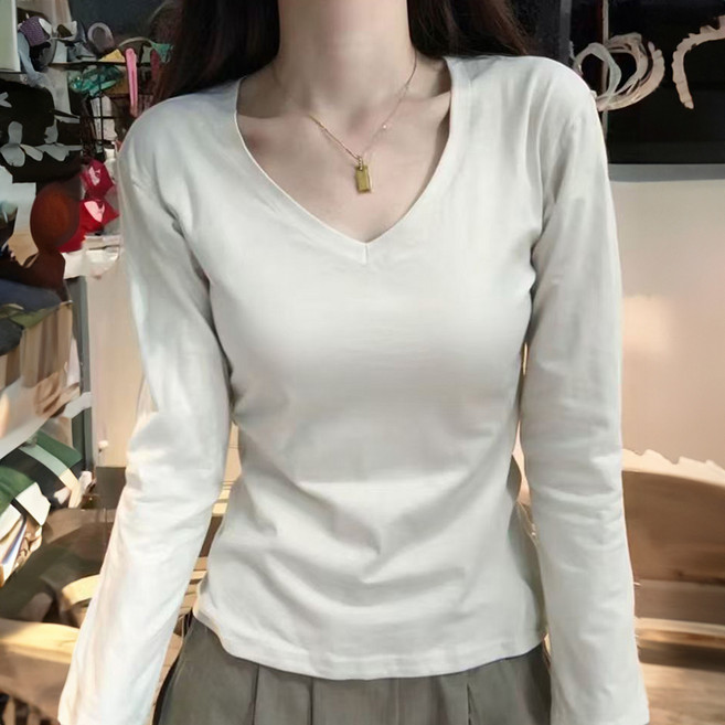 구디프 여성용 긴팔 베이직 데일리 티셔츠 V넥