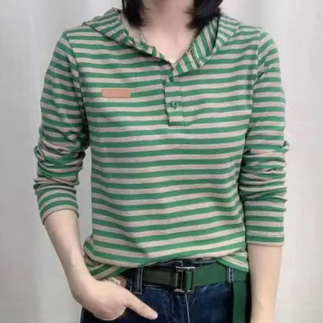 Goodif 女款春秋日常休閒條紋連帽長袖T恤