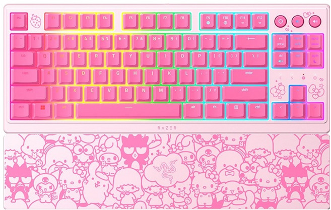 레이저 Ornata V3 TKL 헬로키티 에디션 로우 프로파일 RGB 메카 멤브레인 유선 텐키리스 키보드, 핑크, RZ03-04881900-R3M1