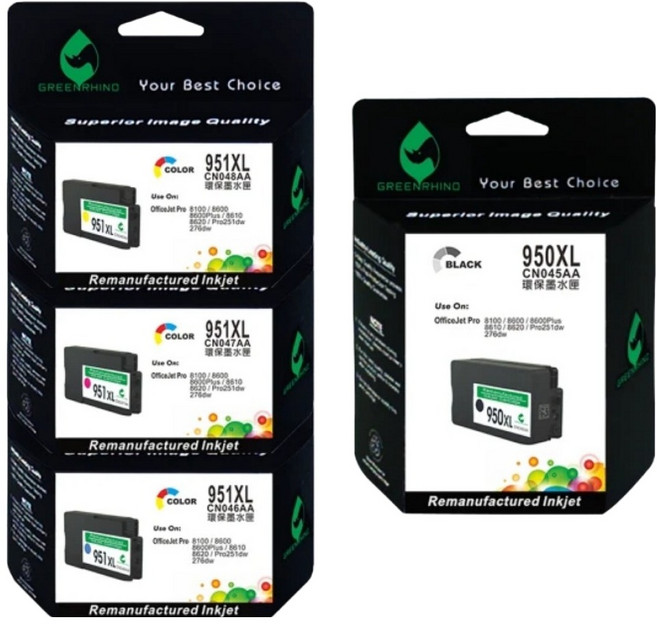 GREENRHINO 綠犀牛 兼容環保墨水匣4件組 HP OfficeJet Pro 251dw/276dw適用 NO.950XL + 951XL CN045AA-CN048AA, 黑色 + 藍色 + 紅色, 1套