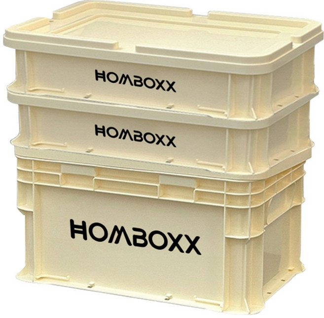 HOMBOXX 粗曠風可疊加耐重收納箱 小型款 2個 + 中型款 1個+上蓋 2個, 奶油白, 1組