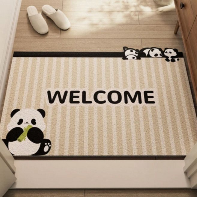 AFAMIC 艾法 萌寵WELCOME迎賓 歡迎光臨刮泥玄關腳踏墊 絲圈印花地墊, 貓熊條紋, 1個