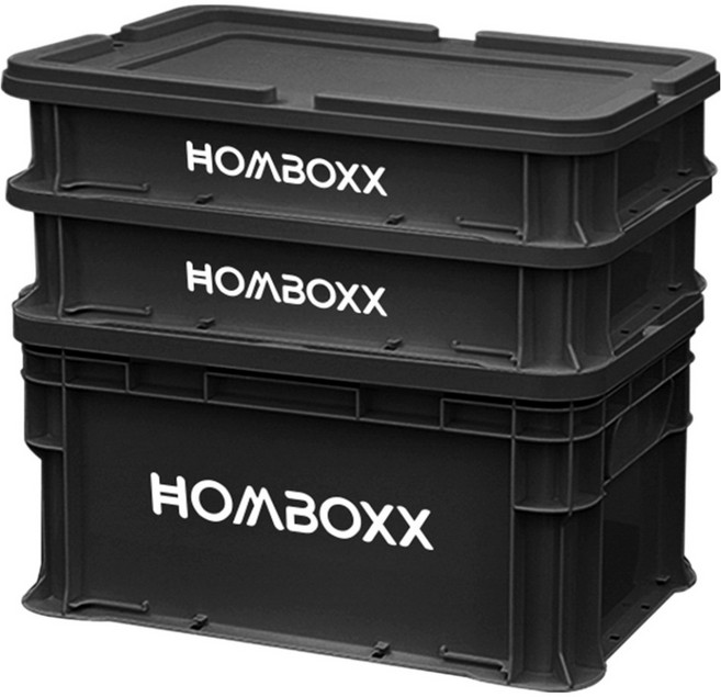 HOMBOXX 粗曠風可疊加耐重收納箱 小型款 2個 + 中型款 1個+上蓋 2個, 曜石黑, 1組