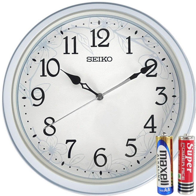 SEIKO 精工 植物花卉 數字刻度 滑動式秒針 靜音掛鐘 附電池 QXA832L, 白色 + 莫蘭迪藍色