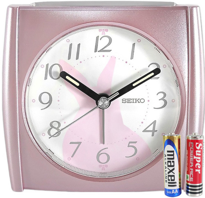 SEIKO 精工 可愛小兔 數字刻度 滑動式秒針 貪睡鬧鈴 燈光夜光 靜音鬧鐘 附電池 QHE209P, 粉色