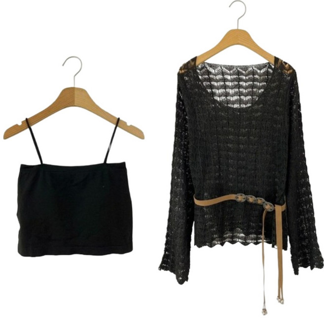 시크블랙 여성용 니스원 라운드 그물 니트 + 브라탑 + 벨트 세트 cpnt5959k57