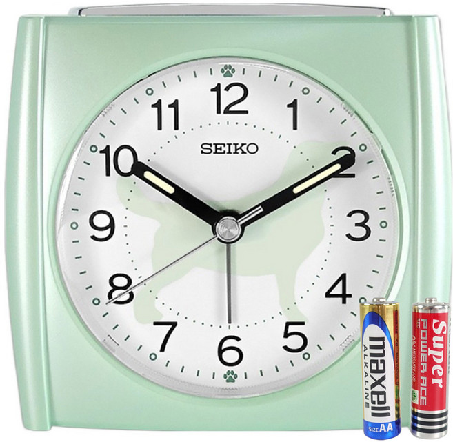 SEIKO 精工 可愛小狗 數字刻度 滑動式秒針 貪睡鬧鈴 燈光夜光 靜音鬧鐘 附電池 QHE209M, 綠色