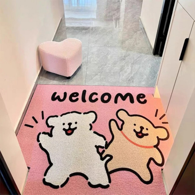 AFAMIC 艾法 萌寵WELCOME迎賓 歡迎光臨刮泥玄關腳踏墊 絲圈印花地墊, 開心粉紅, 1個