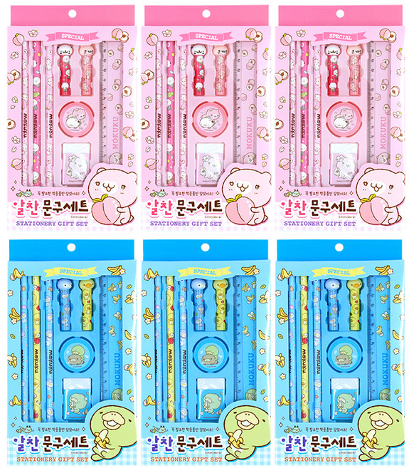 모쿠쿠 알찬 문구세트 2종 x 6p 세트, 핑크, 블루, 1세트