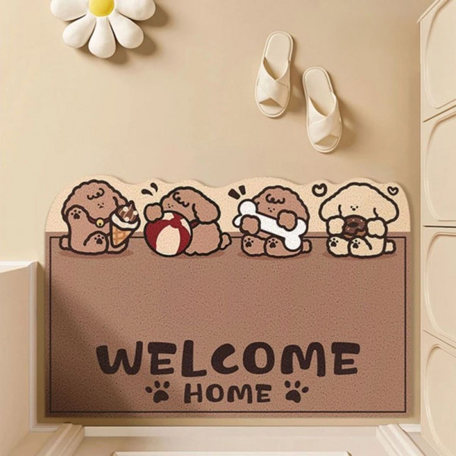 AFAMIC 艾法 萌寵WELCOME迎賓 歡迎光臨刮泥玄關腳踏墊/絲圈印花地墊, 四哈深咖, 1個