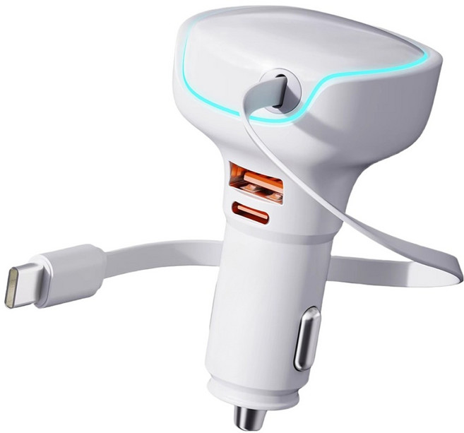 뉴클 PD 3.0 차량용 릴타입 시거잭 3구 50W 고속충전기 케이블 일체형, 화이트, NCCC-WC-10-TD