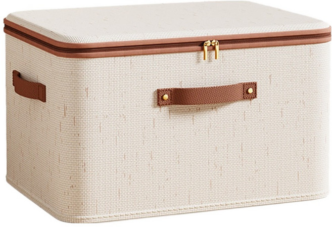 小麥購物 天山棉麻拉鏈帶蓋收納箱 L1468 25L, 米白色, 1個