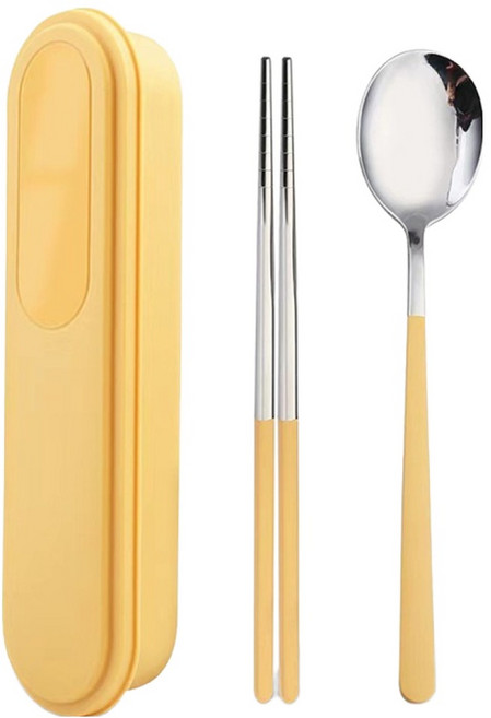 틸하우스 무소음 스테인리스304 수저 세트, 옐로우, 숟가락 + 젓가락 + 수저통, 1세트