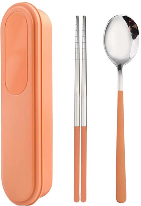 틸하우스 무소음 스테인리스304 수저 세트, 오렌지, 숟가락 + 젓가락 + 수저통, 1세트