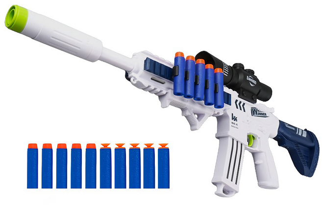 兒童安全軟彈步槍 M416 七彩燈光/多種音效/仿狙擊鏡 + 10發子彈 89913, 1個, 白色