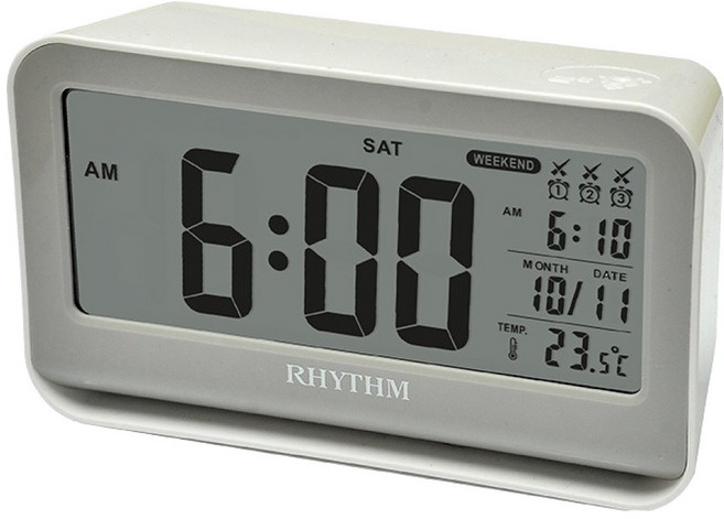 RHYTHM 日本麗聲時計 工業風感應夜燈電子鐘 3組鬧鈴, 白色