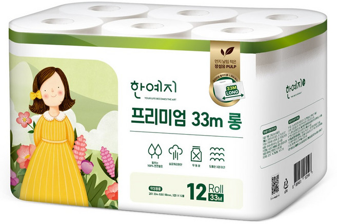 한예지 프리미엄 3겹 데코 천연펄프 롱 화장지, 33m, 12롤, 1개