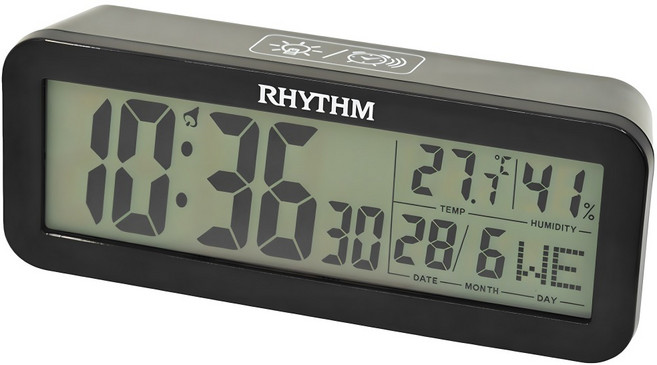 RHYTHM 日本麗聲時計 工業風溫溼度顯示音量調節電子鐘, 黑色