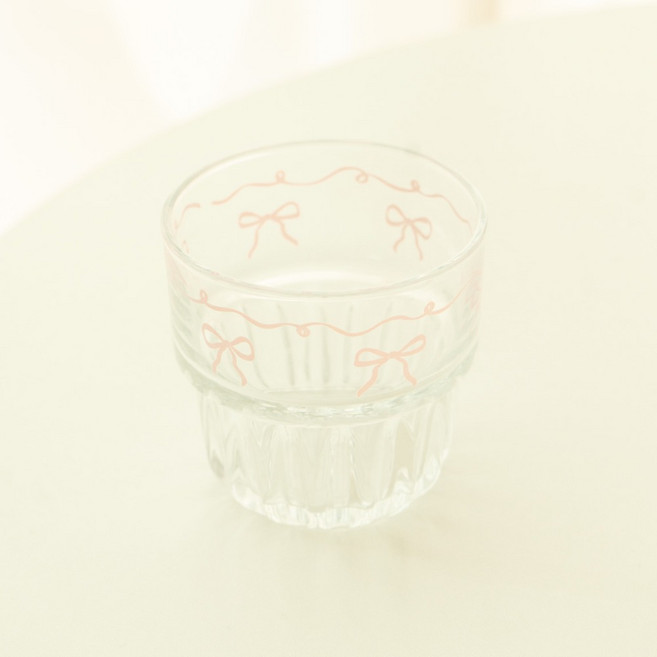 MYUMYU 沐慕家居 玻璃水杯 矮杯 260ml, 粉色蝴蝶結, 2個