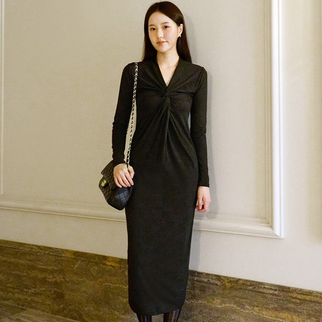 Elsso V領扭結長袖V領晚禮服長版連身裙, 黑色