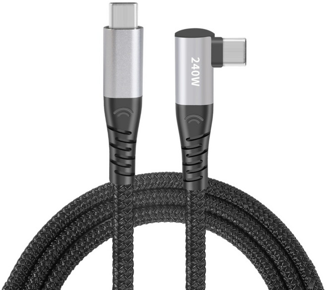 Type-C to Type-C 240W快充彎頭數據轉接充電線 U01CCR, 1個, 黑色, 1m