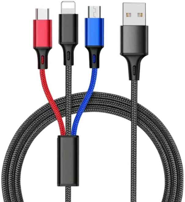 3合1編織絲絨 2.4A大電流快速充電線, 1個, 1.2m, 藍色 + 紅色 + 黑色