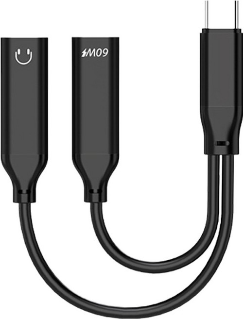 2合1耳機快充轉接線 Type-C + 60W充電, 1個, 黑色, 110mm