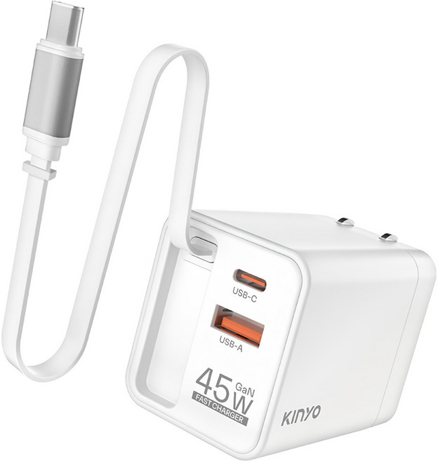 Kinyo 45W 自帶線快充充電器 PDCB-345, 1個, 白色