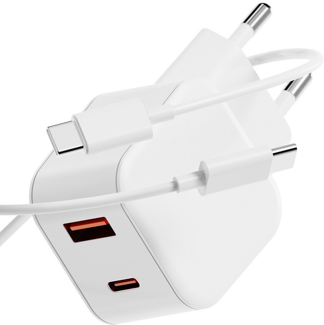 누아트 PD충전 25W 2포트 멀티 초고속 충전기 어댑터 + C to C 고속 충전케이블 1m 세트, 화이트, 1세트