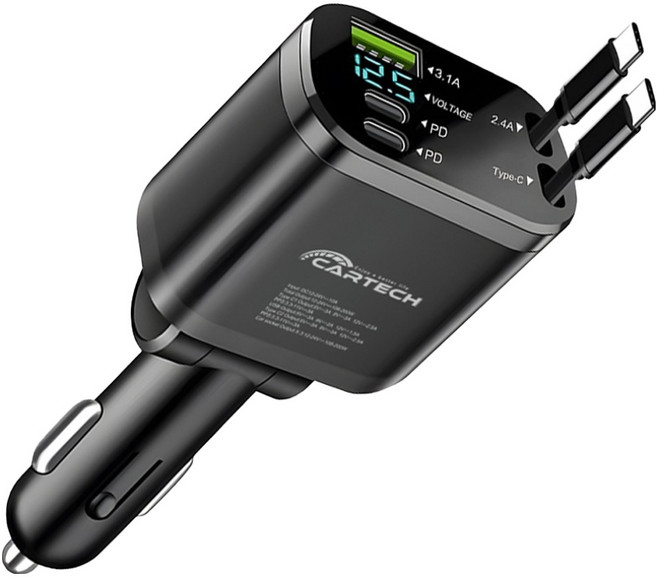 카테크 더블 C타입 오토 릴 시거잭 릴타입 고속충전기, CT-433, 블랙