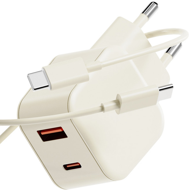 누아트 PD충전 25W 2포트 멀티 초고속 충전기 어댑터 + C to C 고속 충전케이블 1m 세트, 아이보리, 1세트