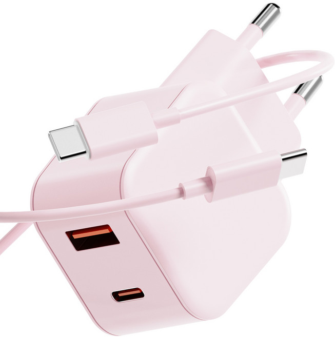 누아트 PD충전 25W 2포트 멀티 초고속 충전기 어댑터 + C to C 고속 충전케이블 1m 세트, 핑크, 1세트