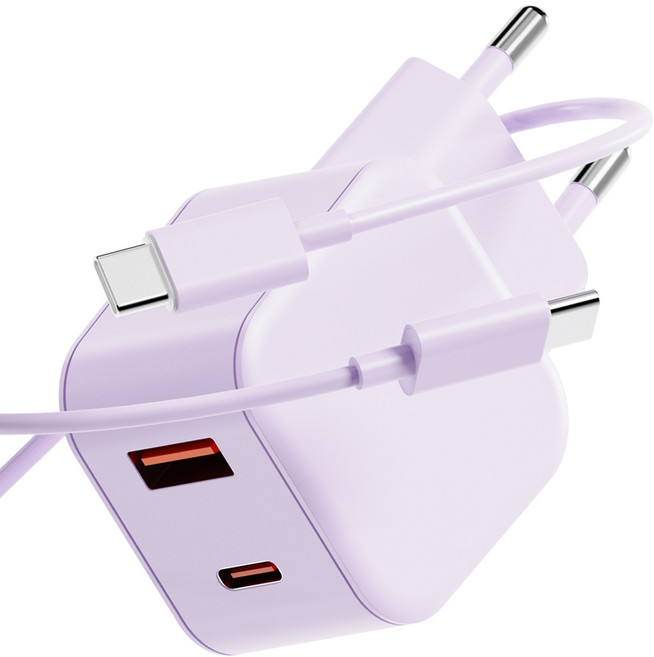 누아트 PD충전 25W 2포트 멀티 초고속 충전기 어댑터 + C to C 고속 충전케이블 1m 세트, 라벤더, 1세트