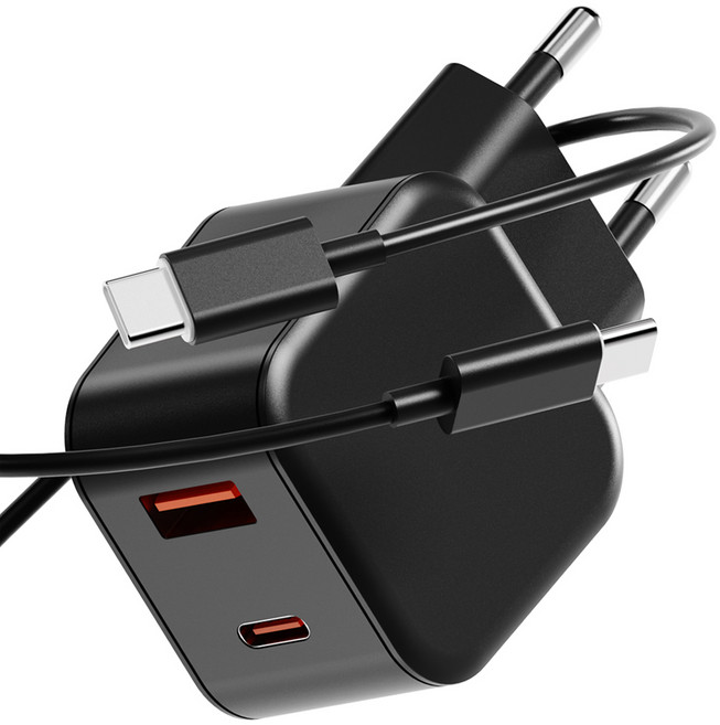 누아트 PD충전 25W 2포트 멀티 초고속 충전기 어댑터 + C to C 고속 충전케이블 1m 세트, 블랙, 1세트