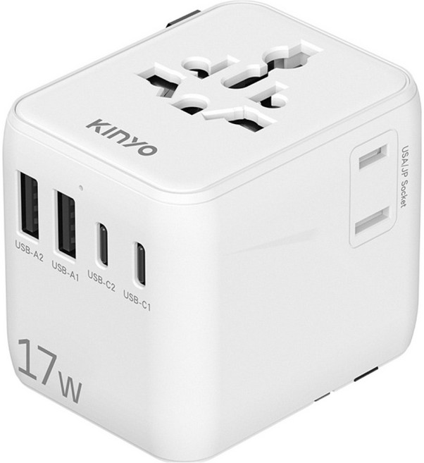 Kinyo 17W 多合1雙插座萬國轉接頭 MPP3517W, 1個, 白色