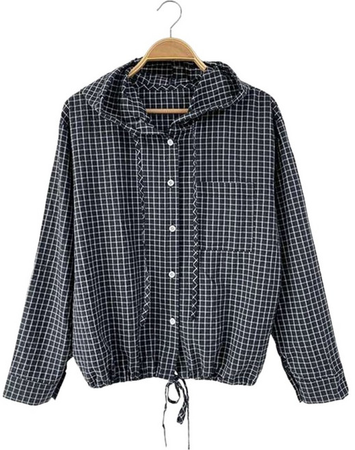 럽스 여성용 듀라 체크패턴 후드 스트링 끈 남방