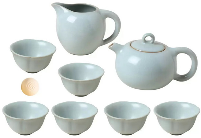 LOHAS Pottery 陸寶 汝窯錦珠壺茶組9件組, 1套, 茶壺 + 茶杯 6個 + 茶海 + 活水球, 白色