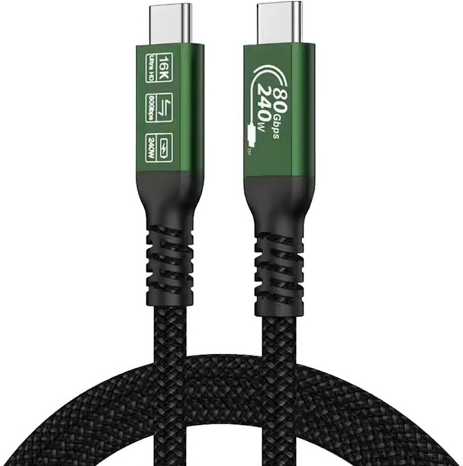 YTEK 80Gbps Thunderbolt 5 相容 USB4 v2.0 Type-C 傳輸線 16K PD 240W, 1個, 200cm, 金屬綠