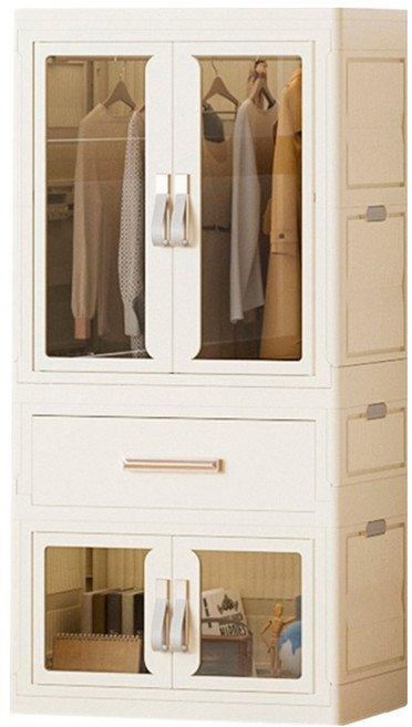 FAmILyLIFE 生活 百變模組折疊收納櫃 附伸縮衣架 6支 衣櫃 + 抽屜櫃 + 雙開收納箱, 米白色