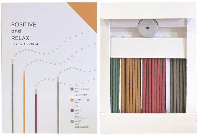 kameyama candle house 日本龜山 Positive Relax 綜合線香組 附線香座, 白鼠尾草與天竺葵 + 桂花與無花果 + 玫瑰 + 麝香與玫瑰木