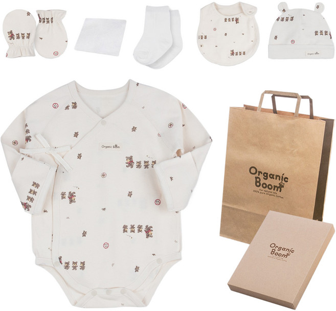 오가닉붐 신생아용 곰가족 배냇슈트+모자+턱받이+손싸개+양말+손수건+쇼핑백+상자 SET 사계절 8종