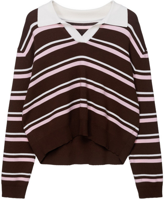 마인드브릿지 여성용 스트라이프 오픈카라 니트 MZKT6206