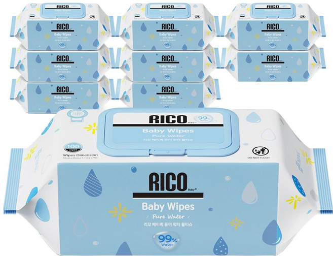 리꼬 베이비 퓨어 워터 물티슈 캡형, 9개, 100매, 70g