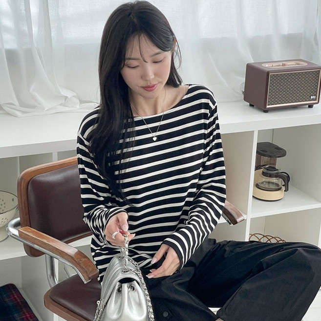 투데이앤룩 여성용 프렌치 무드 보트넥 스트라이프 긴팔 티셔츠