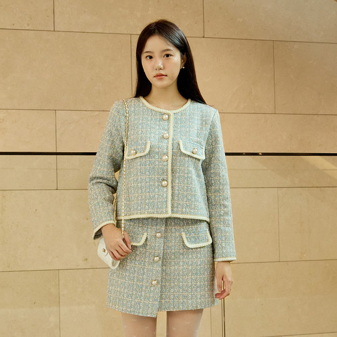 엘쏘 여성용 트위드 자켓 + 미니 스커트 정장 셋업