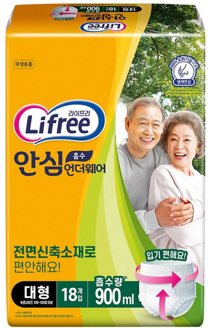 라이프리 남녀공용 안심 흡수 언더웨어 성인기저귀, 대형, 18개입, 1개