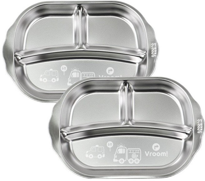 키친유 부릉부릉 스텐 304 손잡이 간식 식판 3구, 2개, 식판 2p, 실버