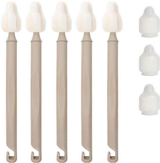 하이비 젖병 젖꼭지 세척 몽글이 롱 미니솔 5p + 먼지보호캡 3p 세트, 1세트, 베이지